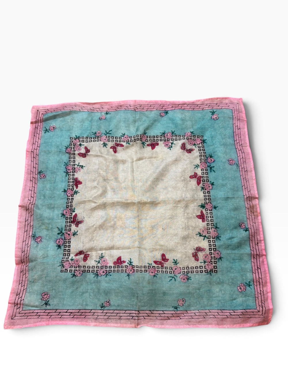 Vintage Silk Butterfly and Floral Print Handkerchief